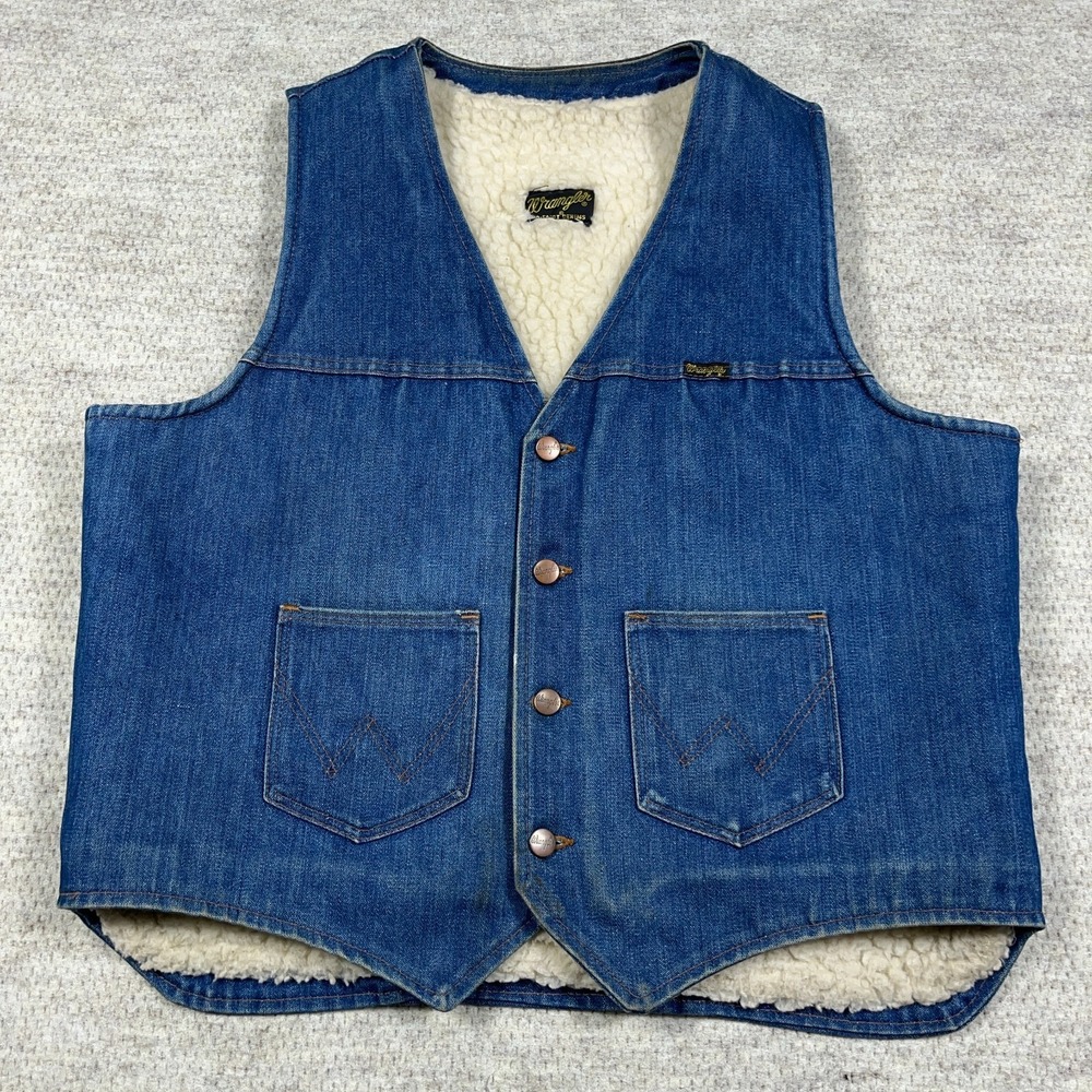 Vintage Wrangler Denim Vest Men XL Blue Jean No Fault Sherpa Lined‎ 70s 80s USA